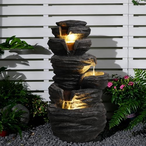 25.6''H Rock Waterfall Outdoor Fountain with LED Lights, Multi Tier Cascading Outdoor Water Fountain, Home Art Décor for Patio Lawn Backyard, Easy Assembly, Black by AOPNOMU