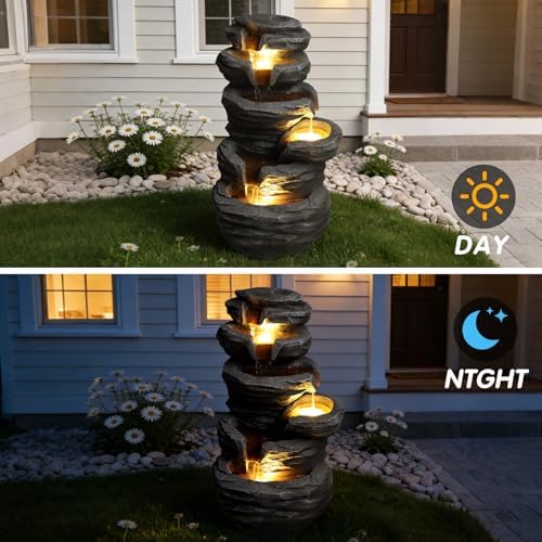 Outdoor Water Fountain with Lights - 4-Tier Resin Rock Cascading Waterfall for Patio, Yard, Garden & Porch Landscape Decor, Quiet Pump Operation, 25.6" Height - Image 6