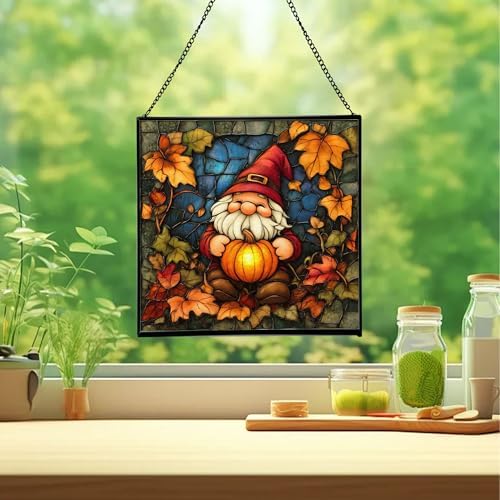 Gnome in Pumpkin Patch Stained Glass Suncatcher – Square Hanging Window Panel for Home or Greenhouse – Whimsical Glass Art Gift for Garden Lovers, Christmas, Halloween, Father Days o4PlUz - Image 2