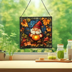 Gnome in Pumpkin Patch Stained Glass Suncatcher – Square Hanging Window Panel for Home or Greenhouse – Whimsical Glass Art Gift for Garden Lovers, Christmas, Halloween, Father Days o4PlUz - Image 2