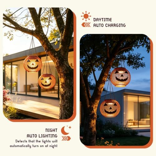 Outdoor Solar Pumpkin Lights, 2 Pack Warm White Halloween Lanterns - Image 5
