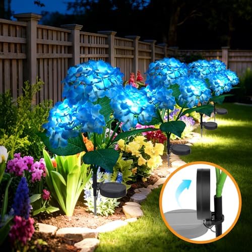 Solar Garden Lights 4 Pack, LED Blue Hydrangea Waterproof Auto On/Off - Image 3
