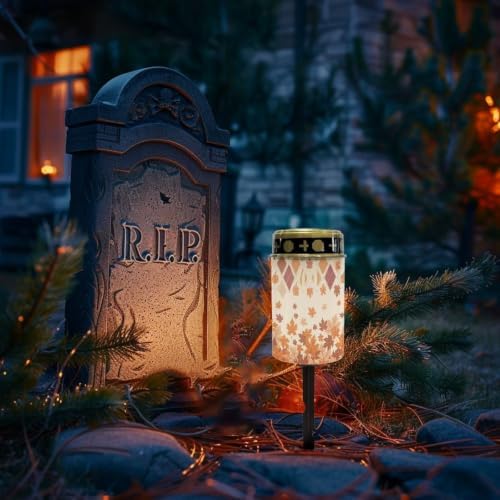 Poceacles Solar Powered Flameless Candle Cemetery Votive Candles Waterproof Outdoor Memorial Solar Stake Lights Home Outdoor Decoration, Fall Maple Leaf Pumpkin Print, Pack of 6 - Image 2