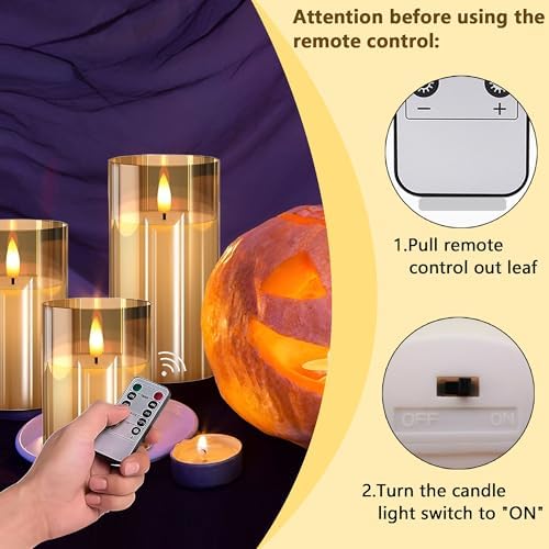 VIEWELLD Gold Glass Flameless Candles with Remote and Timer, Battery Operated Candles, LED Pillar Candles, Electric Fake Candles for Home Festival Party Decor. - Image 2