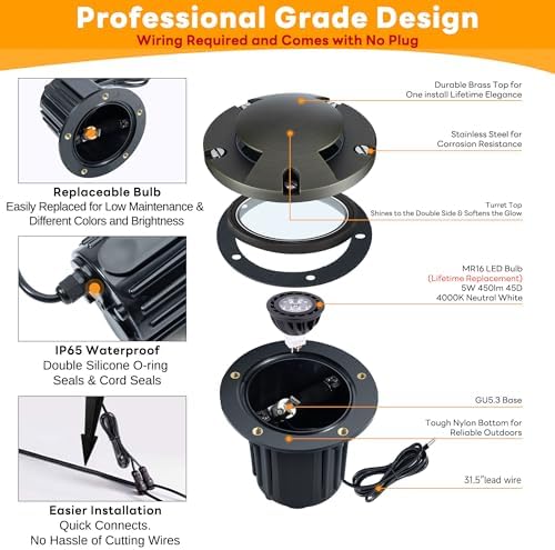 Gardenreet LED Well Lights Outdoor - Brass All Weather Electric Outdoor Inground Lighting, 12V LED Low Voltage Fixture, Antique Bronze for Pathway Backyard Yard with 4000K Neutral White MR16 Bulb - Image 6