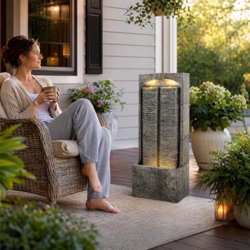 39" Outdoor Water Fountain, Modern LED Resin Water Wall Feature - Image 4