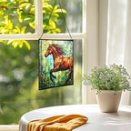Brown Dutch Warmblood Horse Galloping Along Wild Hedgerow Square Suncatcher – Stained Glass Style Window Panel with Pastoral Scene, Custom Decorative Hanging Art for Equestrian Home, Christmas jib2gJ - Image 3