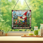 Gnome with Garden Planning Stained Glass Suncatcher – Square Hanging Window Panel for Home, Garden, Nursery, Halloween, Christmas, Memorial Day – Whimsical Glass Art Gift for Gnome Lovers 7ymrhw - Image 2
