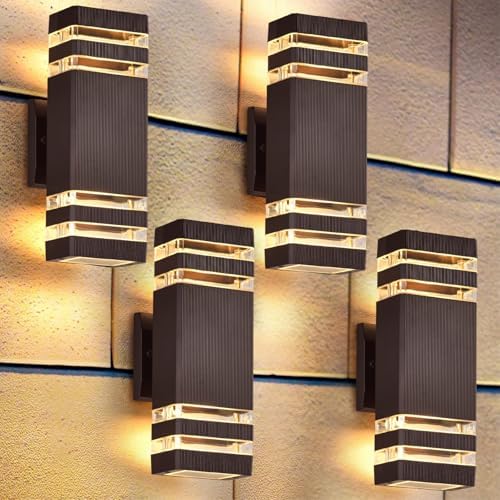 DASTOR 4 Pack Outdoor Wall Lights, Brown Exterior Lighting Fixtures Wall Mount, 2-Layer Modern Outdside Lights for House, Up and Down Outdoor Sconce Lights for Porch Patio Garage by DASTOR