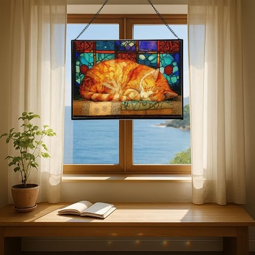 Sleeping Cat Curled in Window Light Rectangular Stained Glass Suncatcher – Hanging Window Panel with Animal & Nature Scene – Vibrant Glass Art Gift for Wildlife, Fantasy, Nature Lovers VzIeu5 - Image 6