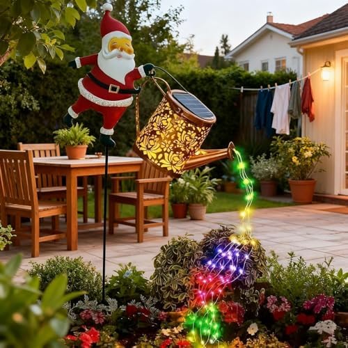 Christmas Santa Solar Kettle Lights Garden Lawn Decorative Lights,Hanging Waterproof Metal Solar Santa Claus Watering Can with LED Light,Outdoor Garden Decor for Backyard,Lawn,Patio (2*Colorful Light) - Image 4