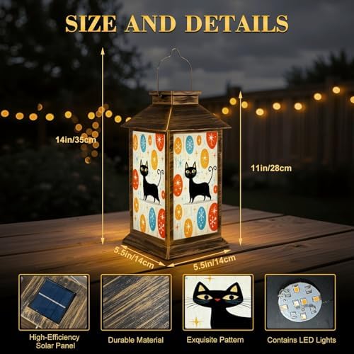 Solar Lantern Outdoor Waterproof Mid Century Black Cat Retro Modern Abstract Geometric 1950s 1960s Garden Decor LED Solar Lights Hanging/Tabletop Lamp Gifts for Women Mom for Outside Yard Patio - Image 2