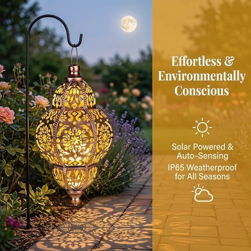 Moroccan Style Artisan Solar Lights Outdoor, Waterproof Hanging Solar Lanterns for Garden Decor, Decorative Metal Chandelier for Patio, Porch, Yard, Unique Gifts for Women & Mom (1Pc) - Image 4