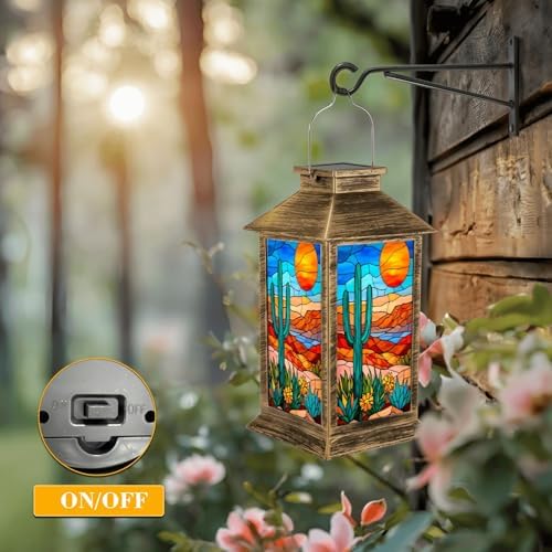 Solar Lantern Outdoor Waterproof Desert Landscape Stained Glass Cactus Sun Vibrant Southwestern Colors Garden Decor LED Hanging Solar Lights Tabletop Lamp Gifts for Women Mom Outside Yard Patio Porch - Image 5
