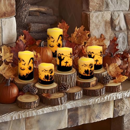 fclayvts 12-Pack Halloween LED Flameless Pillar Candles - Battery Operated with Remote & Timer, Flickering Warm Light, Witch/Bats/Castle Decals - Spooky Halloween Decor, Ghost Party Supplies, Gifts - Image 7