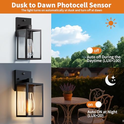 2 Pack Dusk to Dawn Exterior Lighting Fixtures Wall Mount, Sensor Outside Front Porch Lights for House, Outdoor Lantern Lamp, Waterproof Wall Sconce Lights, Black Coach Light for Garage Entryway - Image 2