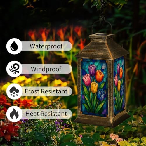 Solar Lantern Vivid Stained Glass Style Outdoor Waterproof Garden Hanging Lantern Solar Powered Lighting Outside Solar Light for Patio Yard Camping, Gifts for Women Mom - Image 3