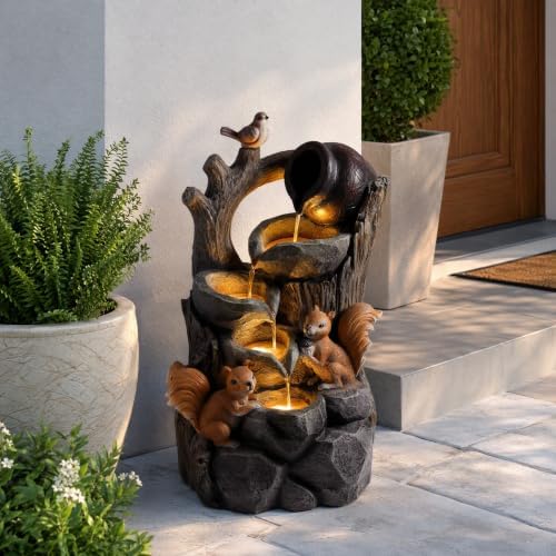 3-Tier Outdoor Water Fountain, Resin Squirrel Bird Decor with LED - Image 7