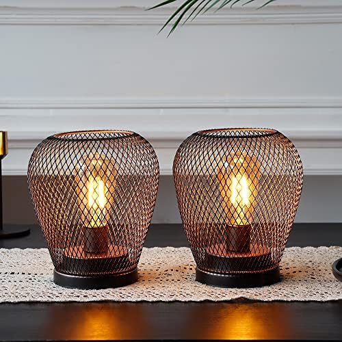 JHY DESIGN Set of 2 Metal Cage LED Lantern Battery Powered Lamp Cordless Accent Light with LED Edsion Style Bulb Great for Weddings Patio Events for Indoors Outdoors（Diamond Shape - Image 2
