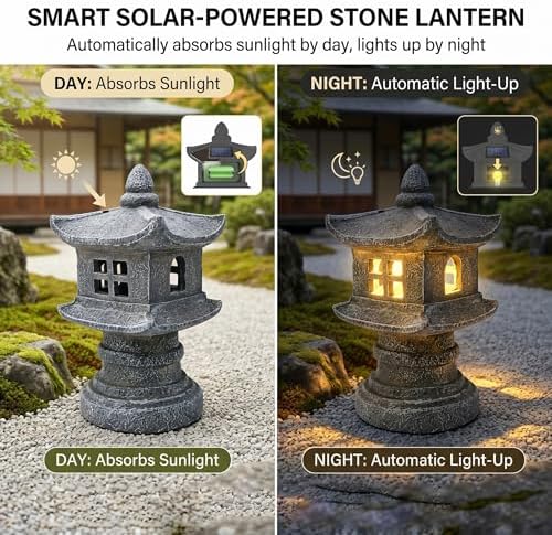 Pagoda Garden Statue, Japanese Pagoda Lantern Solar Garden Statue - Waterproof Resin Outdoor Lawn & Patio Decor (Gray) - Image 3