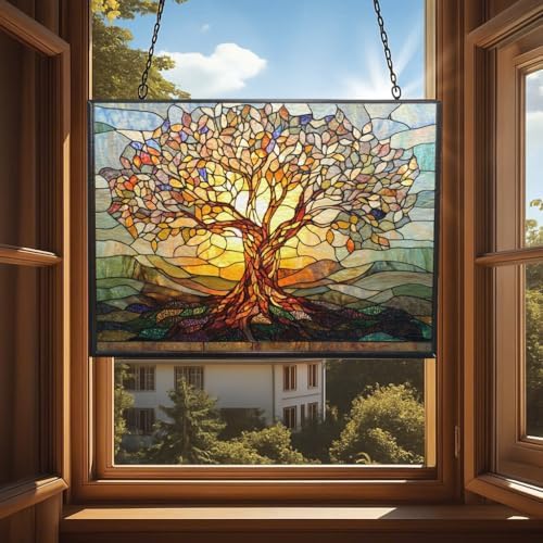 Retangle Art Nouveau Tree of Life Stained Glass Window Hanging Window Suncatcher Glass Panel with Metal Chain Sun Catchers Wall Art Home Decor Gift for Women Mother's Day - Image 4