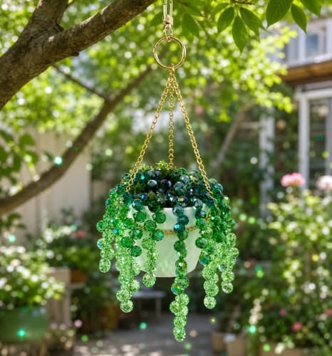 Green Beaded Plant Sun Catchers Crystal Beads Plants Hanging for Window - Image 3