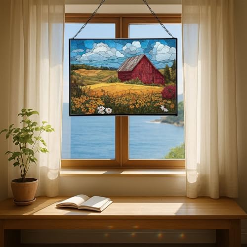Barn Surrounded by Summer Wildflowers Rectangular Stained Glass Suncatcher – Hanging Window Panel with Animal & Nature Scene – Vibrant Glass Art Gift for Wildlife, Fantasy, Nature Lovers hfGgwX - Image 6