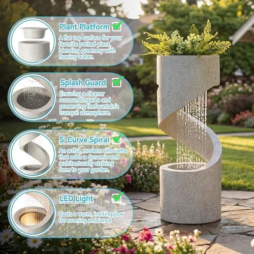 Glitzhome Outdoor Water Fountain with LED Light, Spiral Tiered Water Fountain Outdoor with Stone Planter, Modern Curved Waterfalls Feature Fountains for Garden Patio Porch, 31.3”H - Image 6