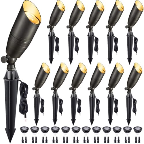 Gardenreet Die-Cast Brass Spot Light Outdoor - 12V LED Uplighting Waterproof, Low Voltage Landscape Lights Direct Wire, Bronze for Fence Fountain with Warm White MR16 Replaceable Bulbs (12 Pack) by Gardenreet