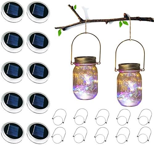 Solar Mason Jar Lid Lights, 10 Pack 30 LED Waterproof Firefly Fairy Lights with Hangers(No Jars), Outdoor Starry String Lights for Patio Yard Garden Wedding Lantern Decor (Colorful-with hanger) by LoveNite