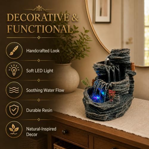 Indoor Tabletop Water Fountain with LED Light, Resin Rock-Look Waterfall Decor, Feng Shui Inspired Zen Fountain for Desk, Office, Bedroom, Living Room & Meditation Space (9.25" Cascading Rock) - Image 4