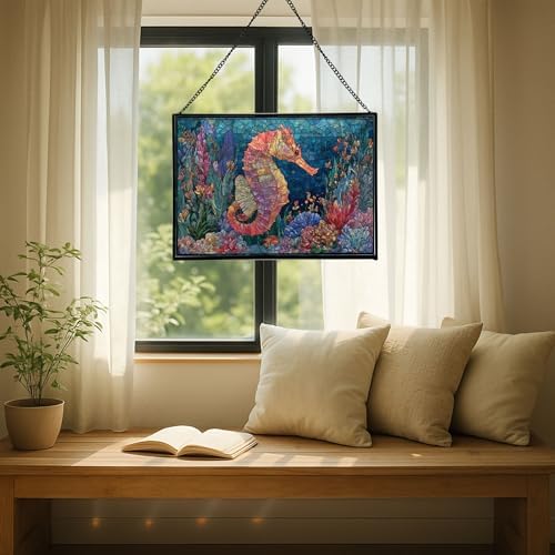 Glowing Coral Garden with Tiny Seahorse Rectangular Stained Glass Suncatcher – Hanging Window Panel with Animal & Nature Scene – Vibrant Glass Art Gift for Wildlife, Fantasy, Nature Lovers zHBtGp - Image 7