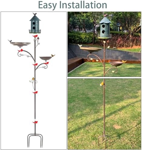 Metal Bird Bath Feeder and Houses for Outdoors, Birdbaths for Outside with 4-Prong Stake, 3 in 1 Free Standing with Blue House on Pole for Garden Patio Yard Lawn - Image 4