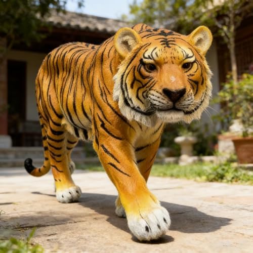 Large Realistic Orange Tiger Garden Statue - 33.46" L x 15.75" H Resin Wildlife Sculpture - Lifelike Animal Figurine Decor for Patio, Lawn, Yard, and Safari Themed Outdoor Spaces by Gahowlen