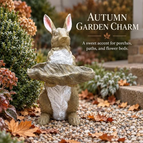 Garden Statues Bunny Sulpture with Leaf-Shaped Tray Fall Decor 22.44 Inch - Image 4