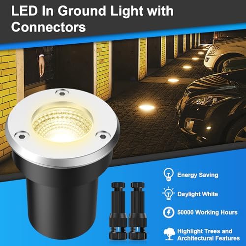 LED Landscape Lights, 12 Pack 7W Ground Lights With 24 Connectors, Low Voltage In-Ground Well Pathway Lighting, Daylight White, Waterproof for Driveway, Deck, Garden - Image 2