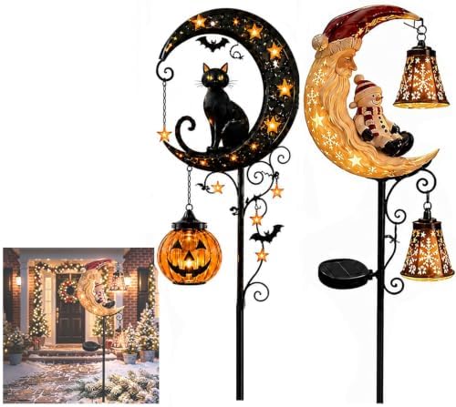 Solar Halloween Black Cat & Pumpkin Moon Garden Stake Light,2-in-1 Waterproof Outdoor LED Yard Decor with Hanging Lantern,Auto Dusk-to-Dawn Lawn Ornament for Pathway,Patio, Walkway (Color-E-2PCS) by HZSprance