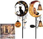 Solar Halloween Black Cat & Pumpkin Moon Garden Stake Light,2-in-1 Waterproof Outdoor LED Yard Decor with Hanging Lantern,Auto Dusk-to-Dawn Lawn Ornament for Pathway,Patio, Walkway (Color-E-2PCS) by HZSprance