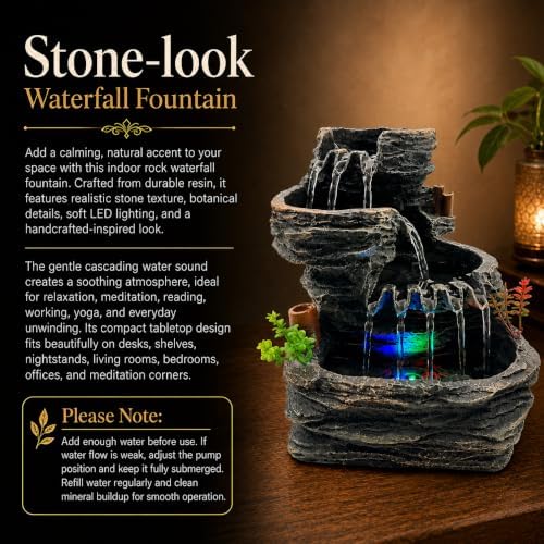 Indoor Tabletop Water Fountain with LED Light, Resin Rock-Look Waterfall Decor, Feng Shui Inspired Zen Fountain for Desk, Office, Bedroom, Living Room & Meditation Space (9.25" Cascading Rock) - Image 3