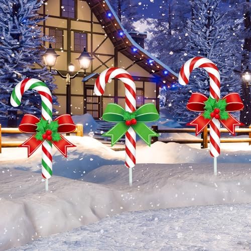 Drydiet 3 Pack Metal Christmas Yard Signs Decor Xmas Yard Stakes Outdoor with Stakes for Holiday Outdoor Garden Lawn Pathway Decoration(Candy Cane) by Drydiet
