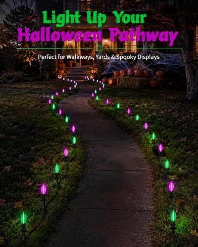 Halloween Pathway Lights with 10 Green and Purple C9 LED Stakes - Image 5
