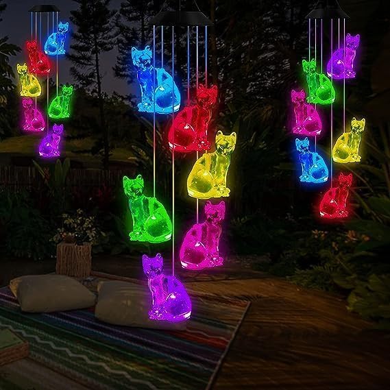 Hummingbird Solar Wind Chimes for Outside - Color Changing LED Outdoor Solar Lights Waterproof Windchimes, Home Garden Patio Yard Porch Decoration (Cat) - Image 4