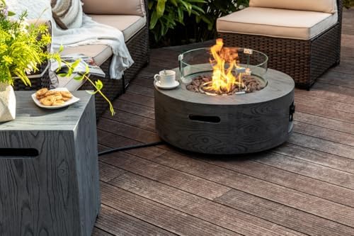 Lume Vale 28" Round Propane Fire Pit Table – 40,000 BTU Outdoor Fire Pit with Lid & Stone Finish, 2-in-1 Patio Heater & Dining Table, CSA Certified (Gray Wood Grain, Fire Pit with Wind Guard&Tank) - Image 6