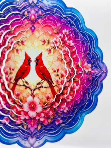 Shwing Wind Spinner 12 Inch Cardinal Bird Wind Spinner Hanging Wind Sculptures Red Cardinal Floral Mandala Metal Ornament Outdoor Kinetic Garden Art for Patio Porch Garden Spring Decoration - Image 2