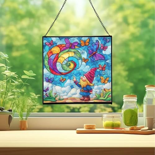 Gnome with Butterfly Friends Stained Glass Suncatcher – Square Hanging Window Panel for Home or Greenhouse – Whimsical Glass Art Gift for Garden Lovers, Christmas, Halloween, Father Days QXO4Ef - Image 2