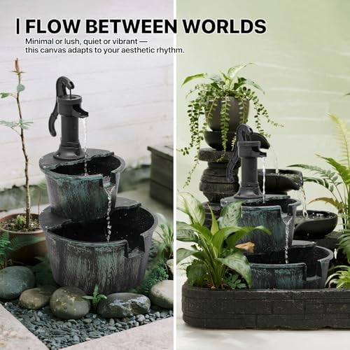 MoNiBloom Outdoor Water Fountains, 27" Tall 2-Tier Barrel, Green - Image 5
