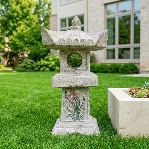 Asian Orchid Pagoda Stone Lantern Statue 23.6”H Zen Japanese Garden Decor - Image 4