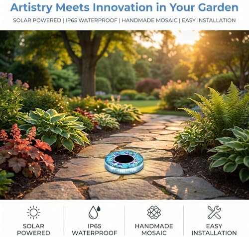 Mosaic Solar Disk Light, 2026 New Solar Mosaic Disk Lights - Waterproof LED Pathway Lights with Auto On/Off, Colorful Outdoor Garden, Yard & Walkway Decor, Solar Powered, Tempered Glass (Yellow*4) - Image 2