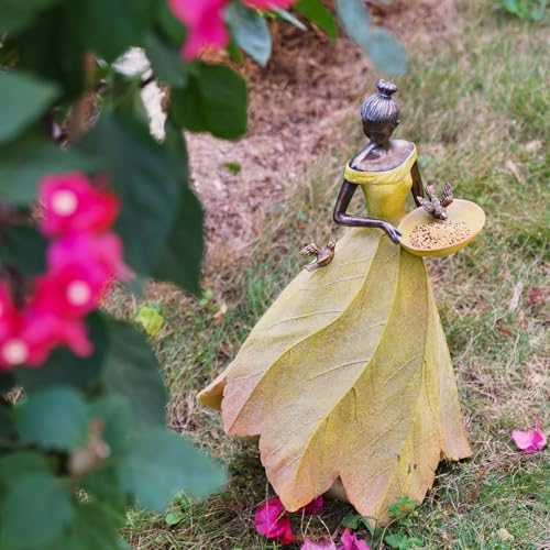 DiliComing Large Garden Fairy Statue Bird Feeder & Bird Bath - 23-Inch Resin Outdoor Yard Decor Angel Statue, Decorative Girl Sculpture for Garden, Lawn, Patio Yellow - Image 5