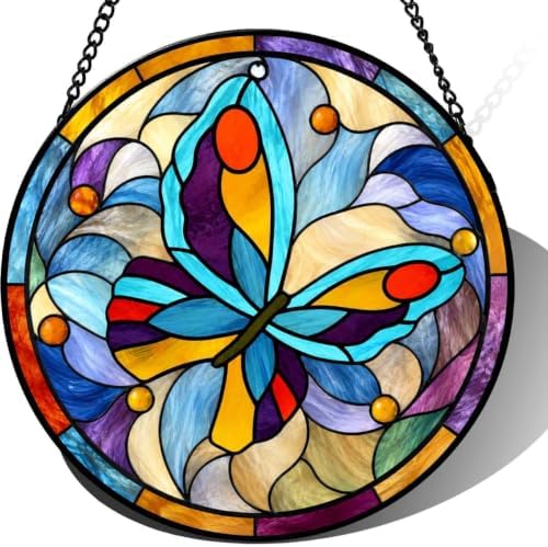 Stained Glass Butterfly Suncatcher, Colorful Round Window Hanging for Home Decor, Unique for Mom, Grandma, Art Glass Wall Art, Gift for Her 9.8 Inch by Unknown